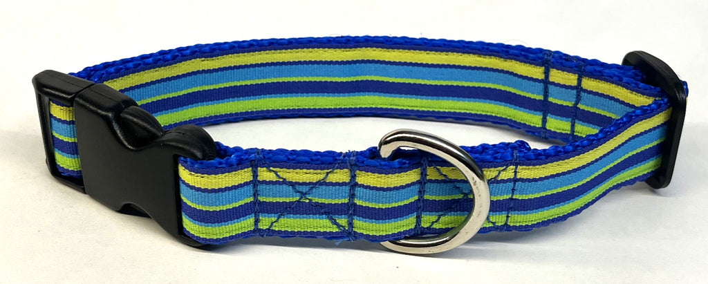 Blue, Yellow, Light Blue, and Green Stripe Dog Collar 1in