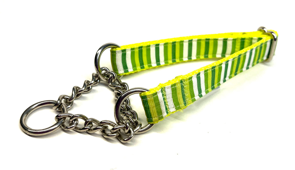 Yellow, White & Green Vertical Stripes Chain Martingale Collar 3/4