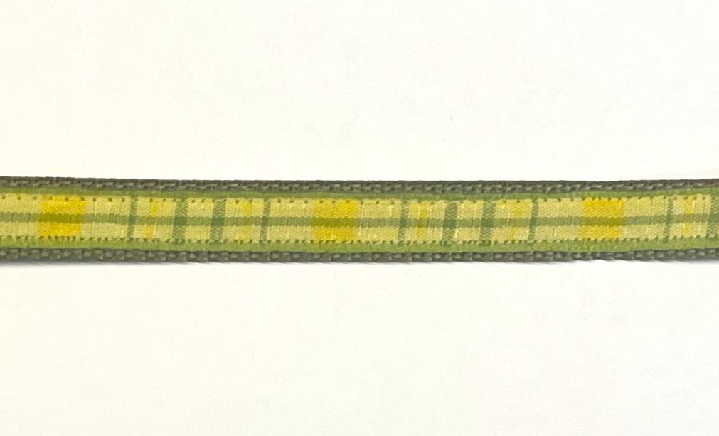 Yellow and olive plaid dog leash 1/2 inch on olive webbing