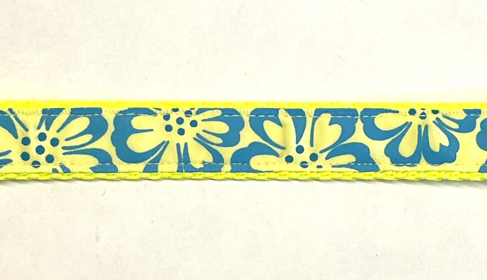Yellow with turquoise Hawaiian flowers dog collar 3/4 inch on yellow webbing
