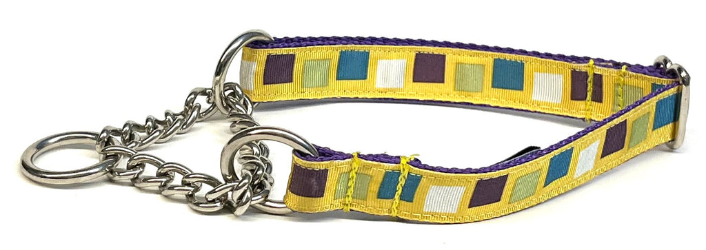 Yellow with Teal, Purple, Olive, White Squares Chain Martingale Collar 3/4