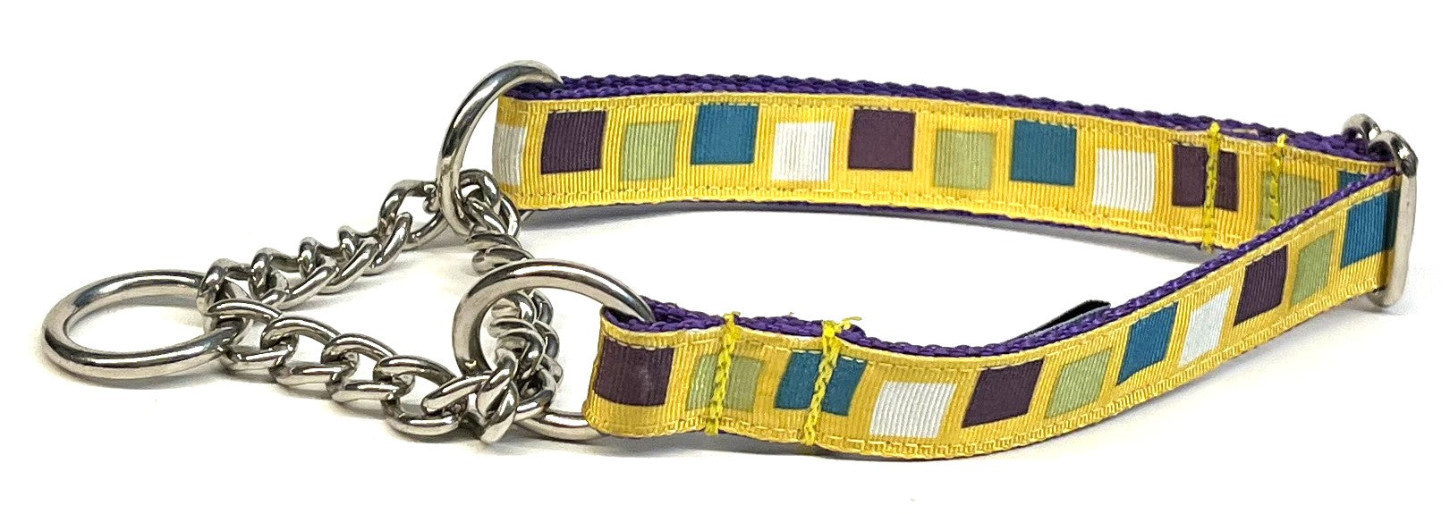 Yellow with Teal, Purple, Olive, White Squares Chain Martingale Collar 3/4