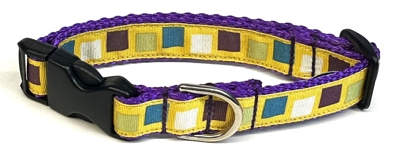 Yellow with Teal, Purple, Olive, White Squares Dog Collar 3/4