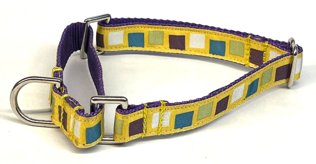 Yellow with Teal, Purple, Olive, White Squares Martingale Collar 3/4