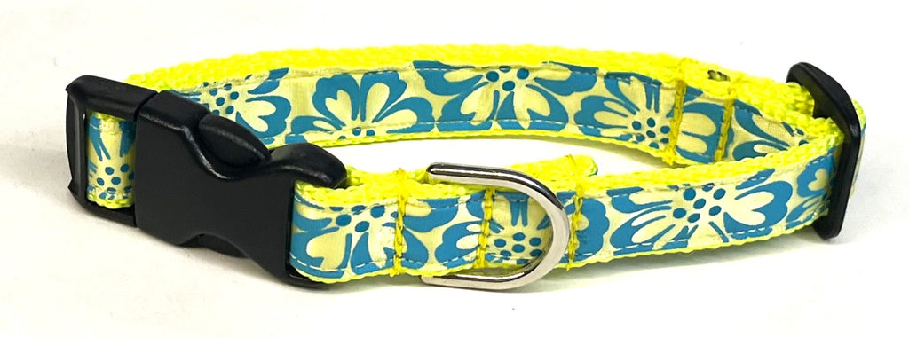 Yellow with Turquoise Hawaiian Flowers Dog Collar 3/4
