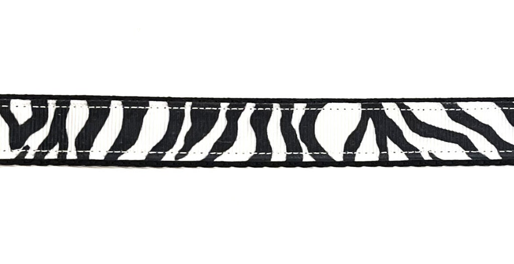 Black and white zebra print dog collar 3/4 inch on black webbing
