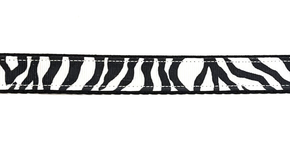 Black and white zebra print dog collar 3/4 inch on black webbing