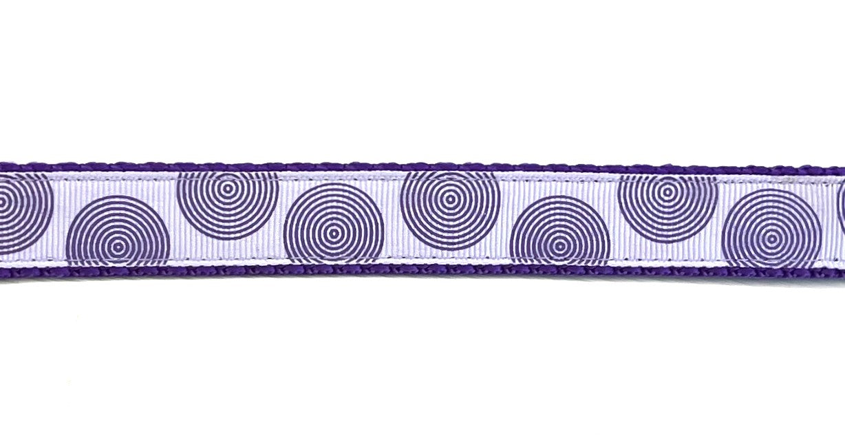 Lavender with purple concentric circles dog collar on purple webbing