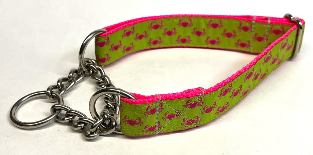 Lime Green with Pink Crabs Chain Martingale Collar 1in