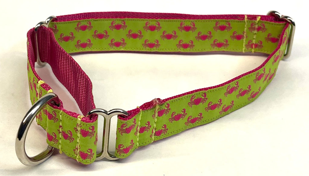 Lime Green with Pink Crabs Martingale Collar 1in